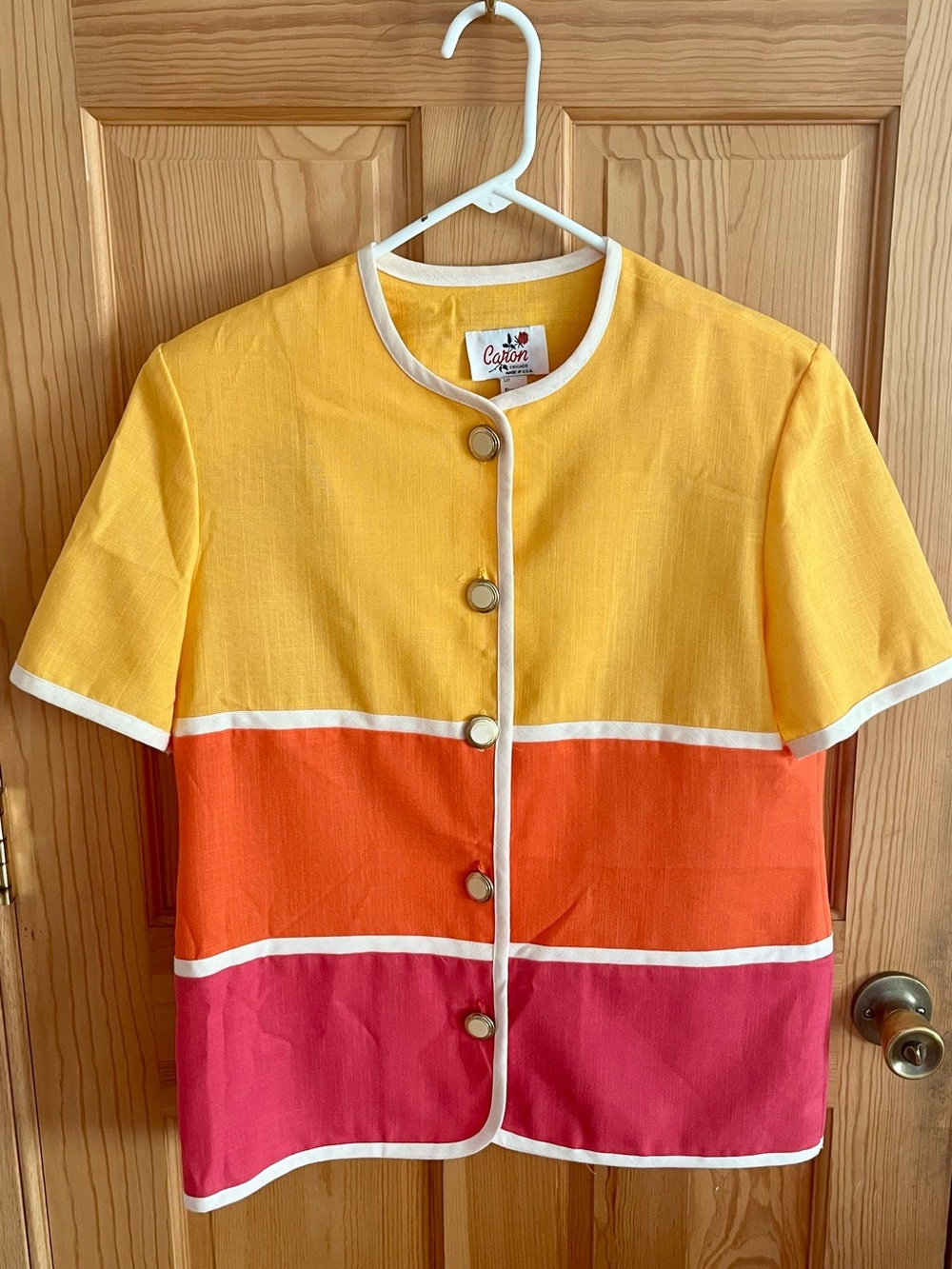 Vintage Caron Chicago Colorblock Button Up Shirt Top Sunset Mod L Large Sunrise